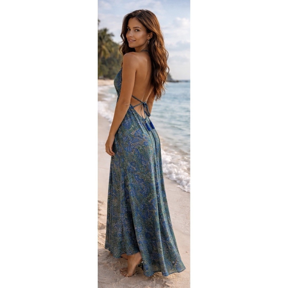 Bigg Bull Halter Maxidress Blue & Green Boho Flowy Small - Picture 3 of 6